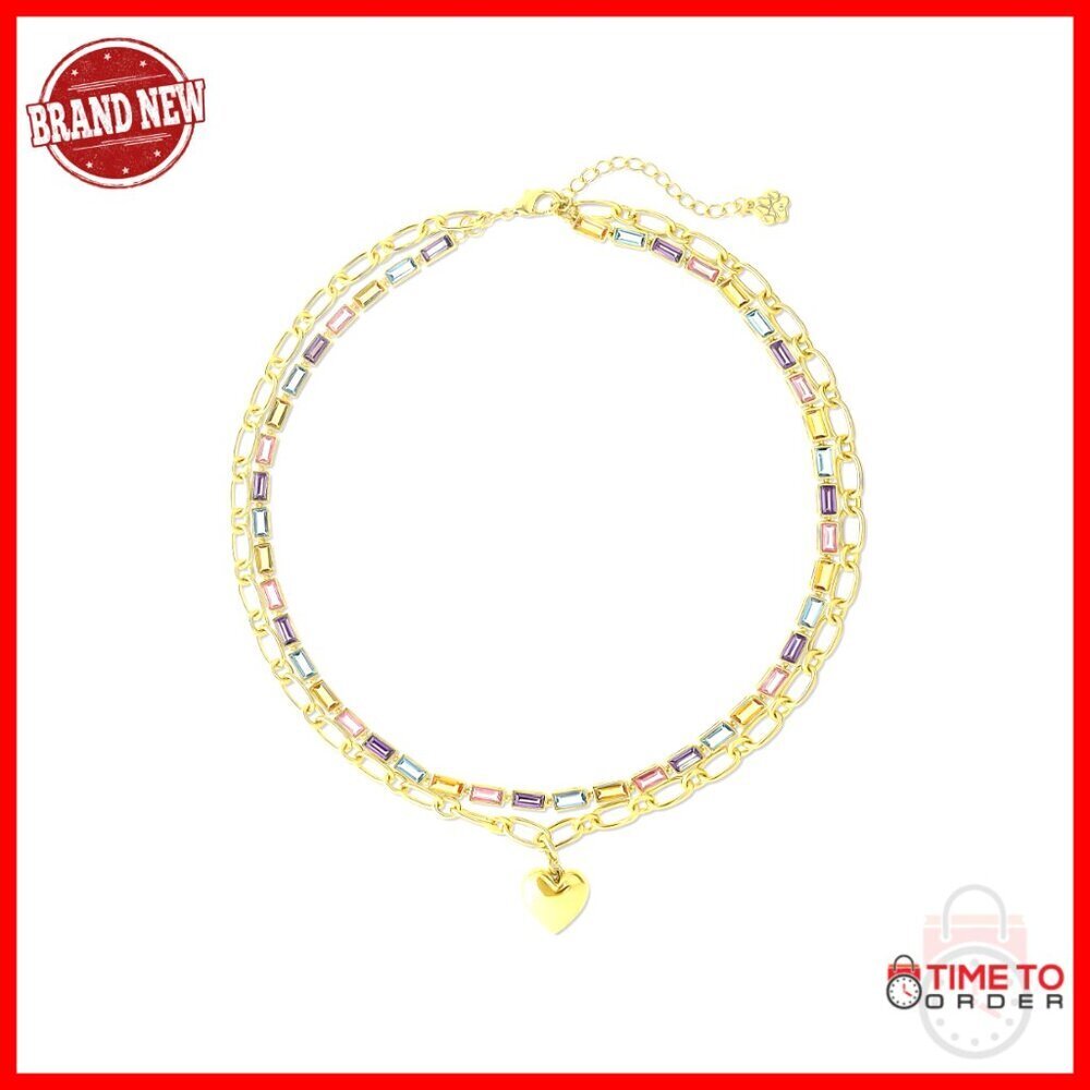 24K Gold Plated Layered Necklace with Heart Pendant and Crystals